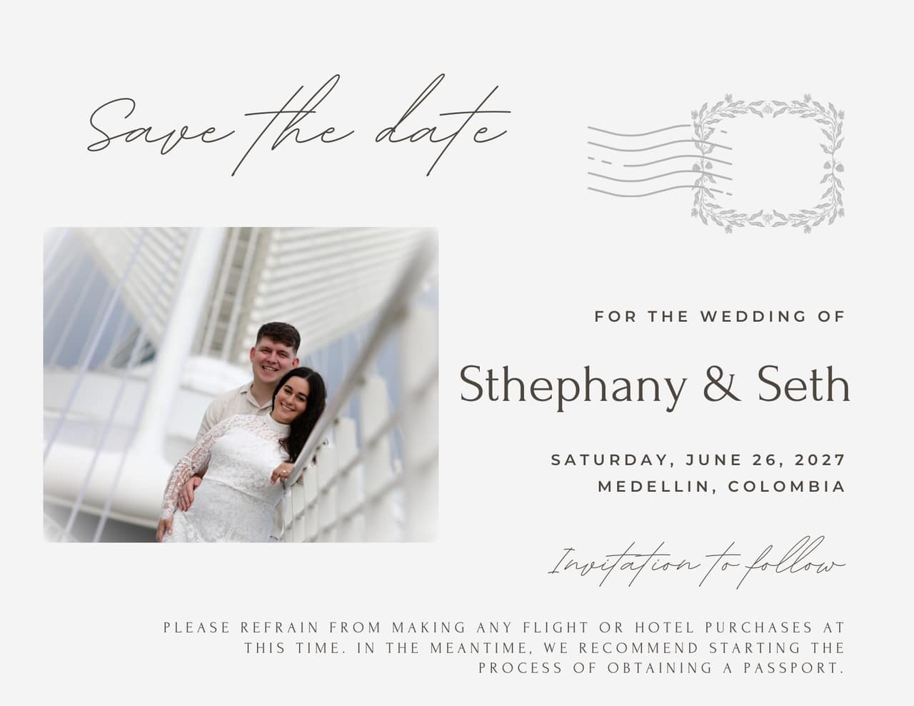 Sthephany and Seth standing together for their save-the-date portrait